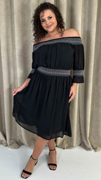 CurveWow Elasticated Smock Bardot Dress Black