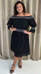 CurveWow Elasticated Smock Bardot Dress Black