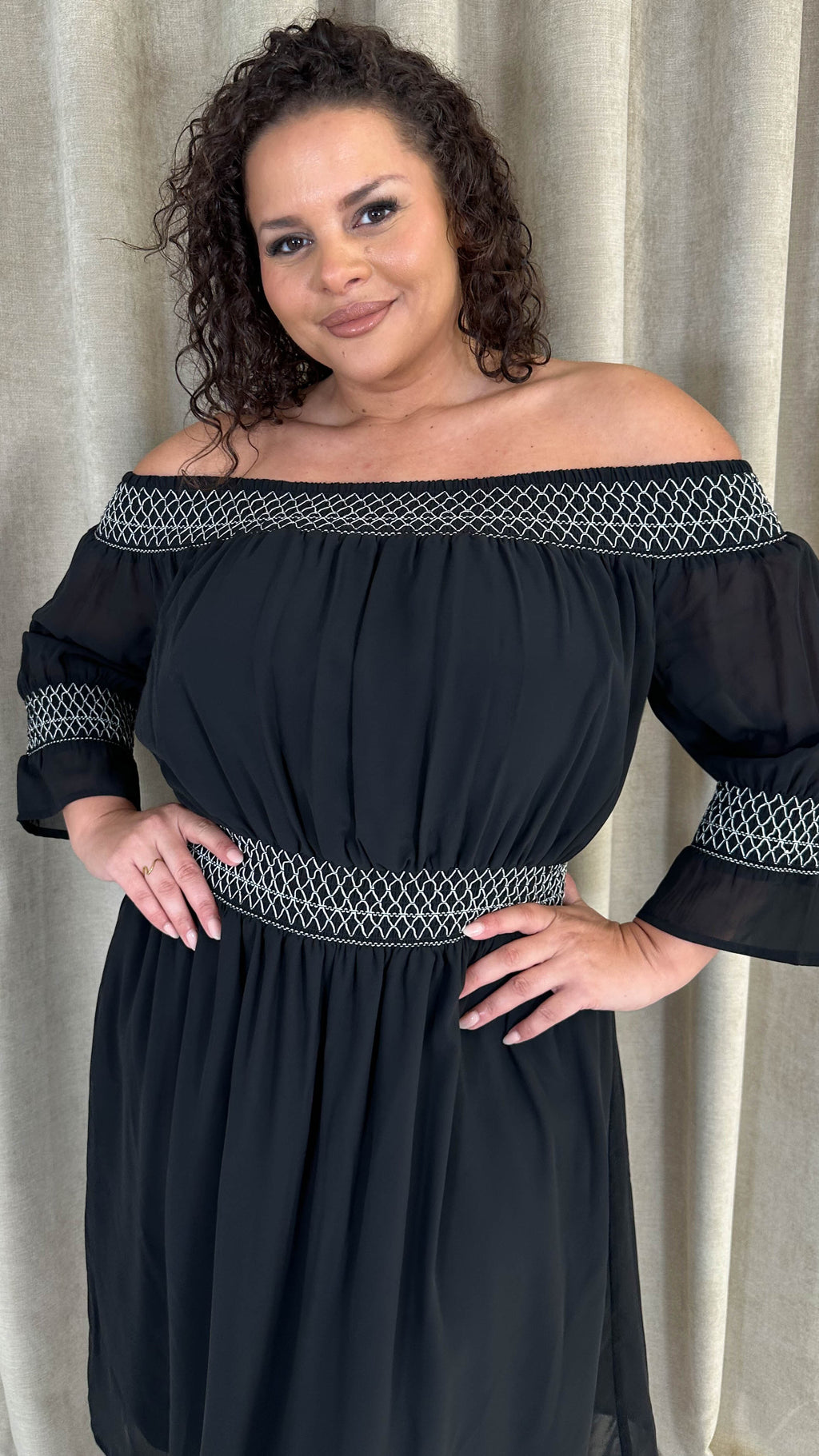 CurveWow Elasticated Smock Bardot Dress Black