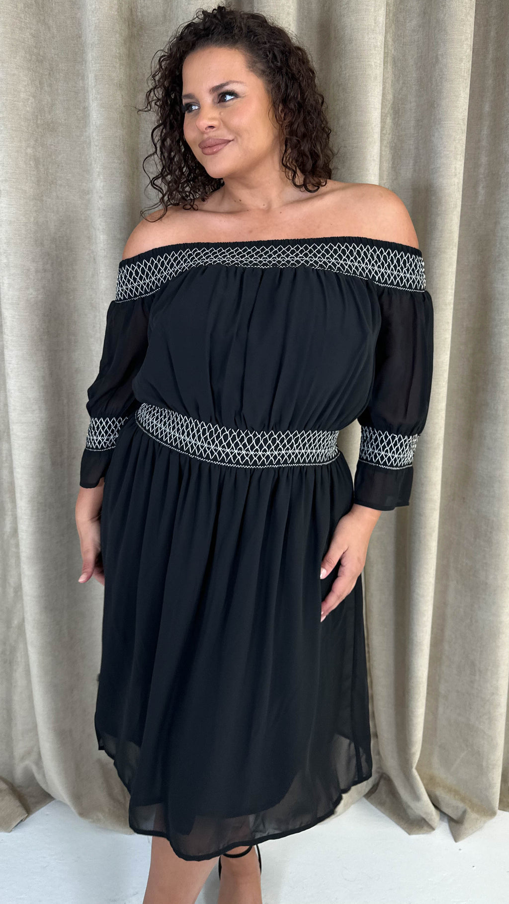 CurveWow Elasticated Smock Bardot Dress Black