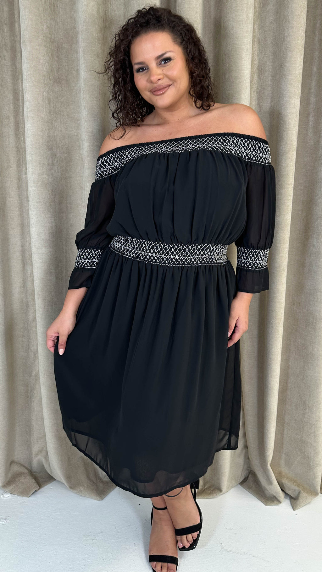 CurveWow Elasticated Smock Bardot Dress Black