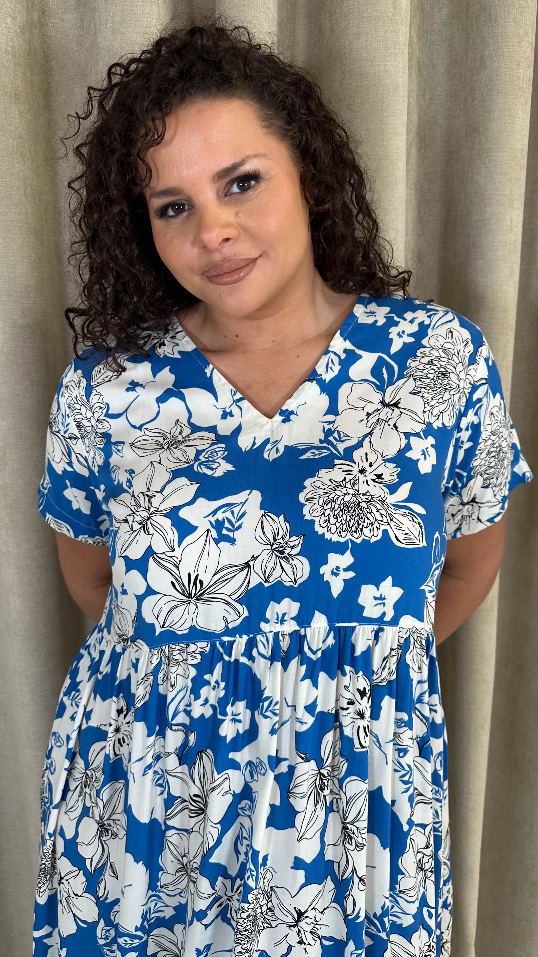 CurveWow Printed V Neck Smock Dress Blue Floral