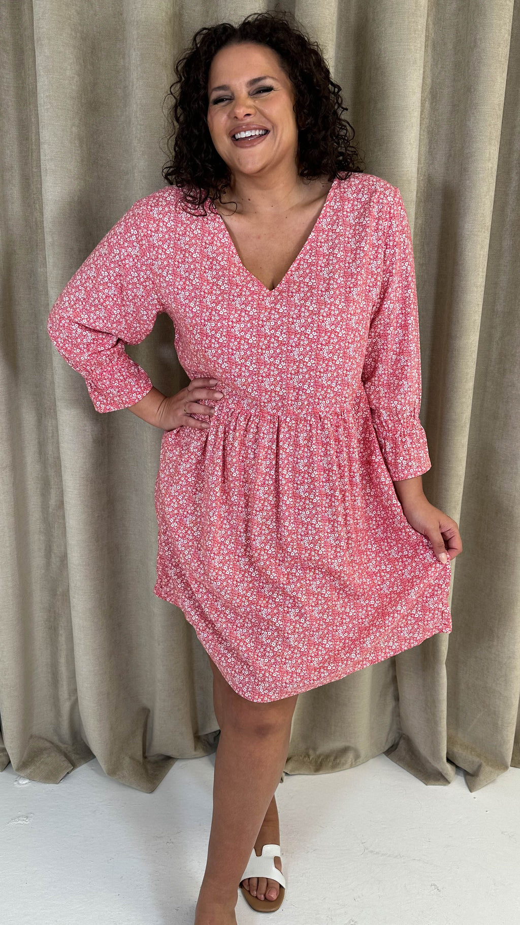 CurveWow Printed Smock Mini Dress Red Ditsy