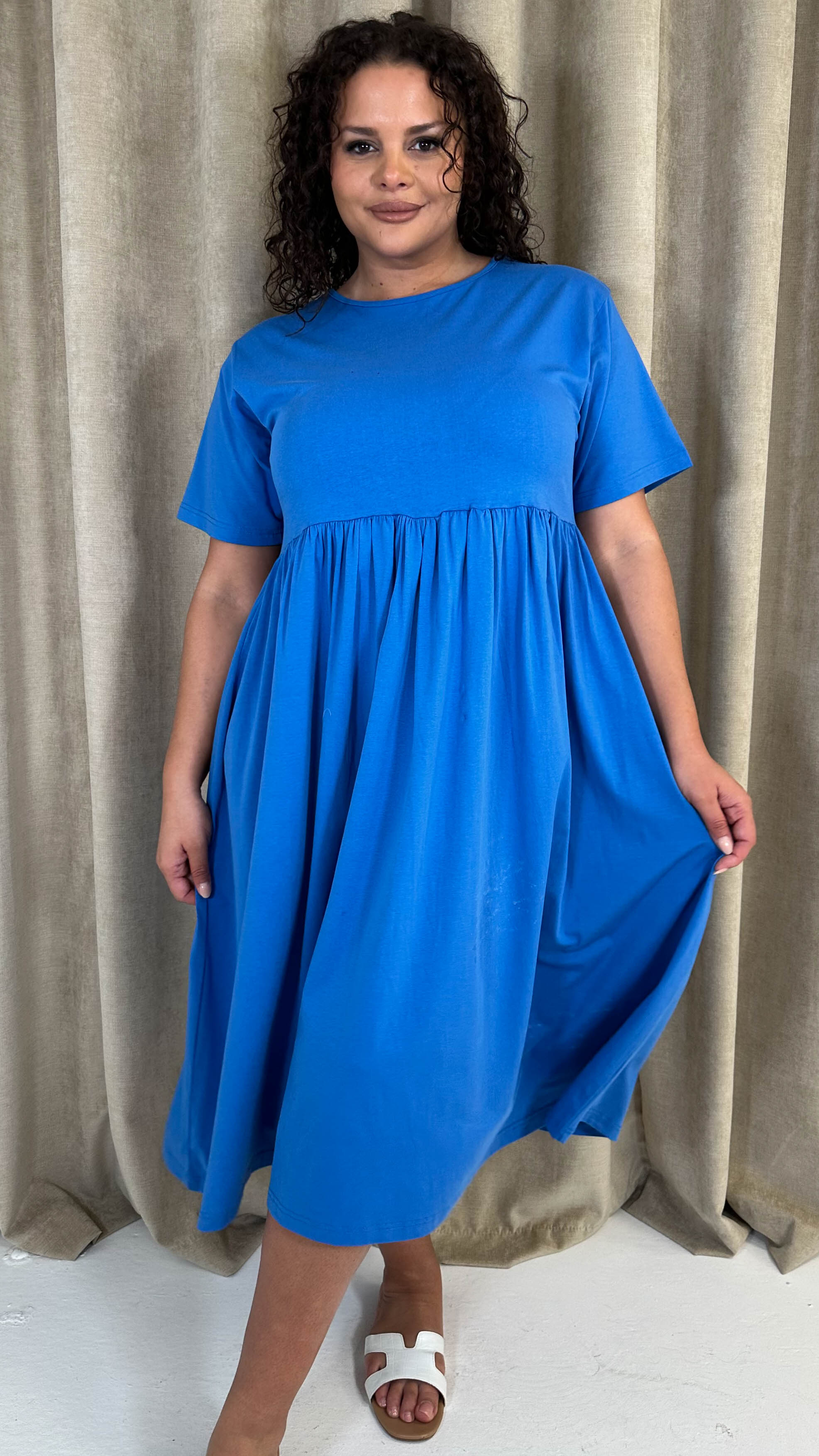 CurveWow Elasticated Waist Midi Dress Blue