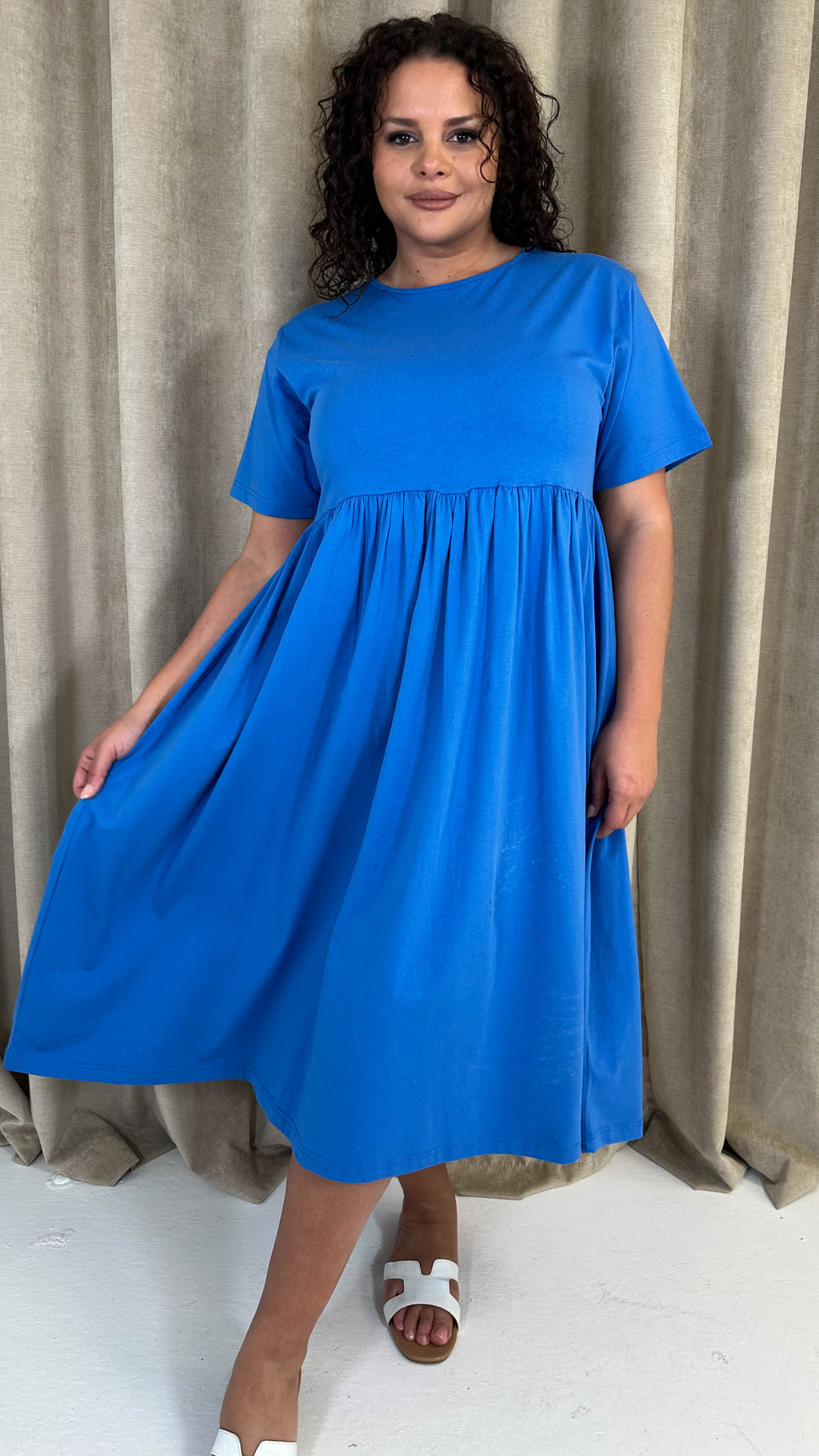 CurveWow Elasticated Waist Midi Dress Blue