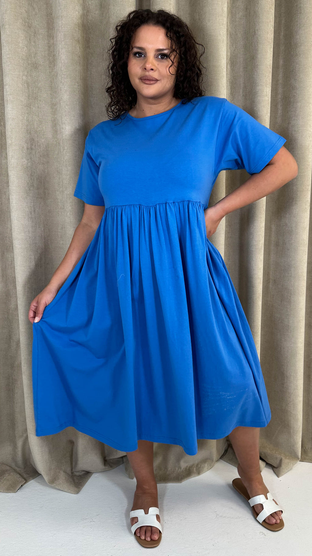 CurveWow Elasticated Waist Midi Dress Blue