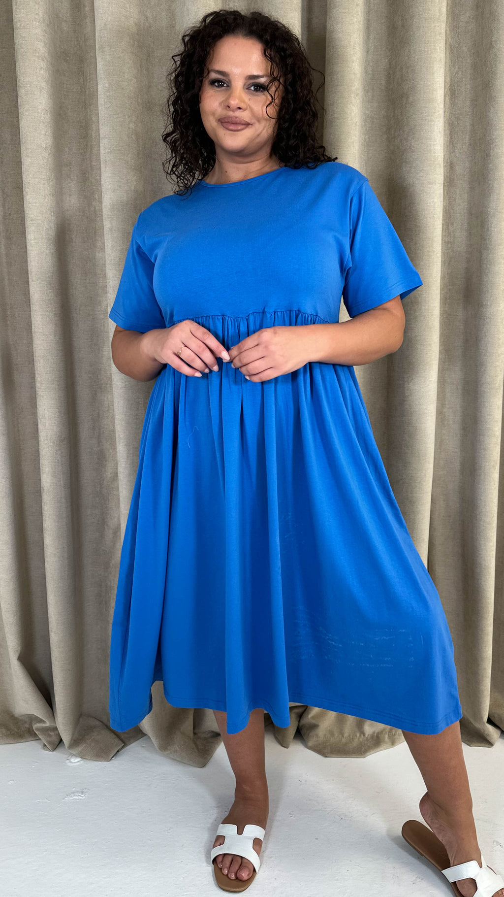 CurveWow Elasticated Waist Midi Dress Blue
