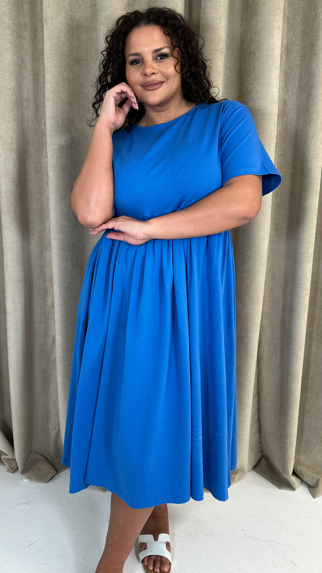CurveWow Elasticated Waist Midi Dress Blue
