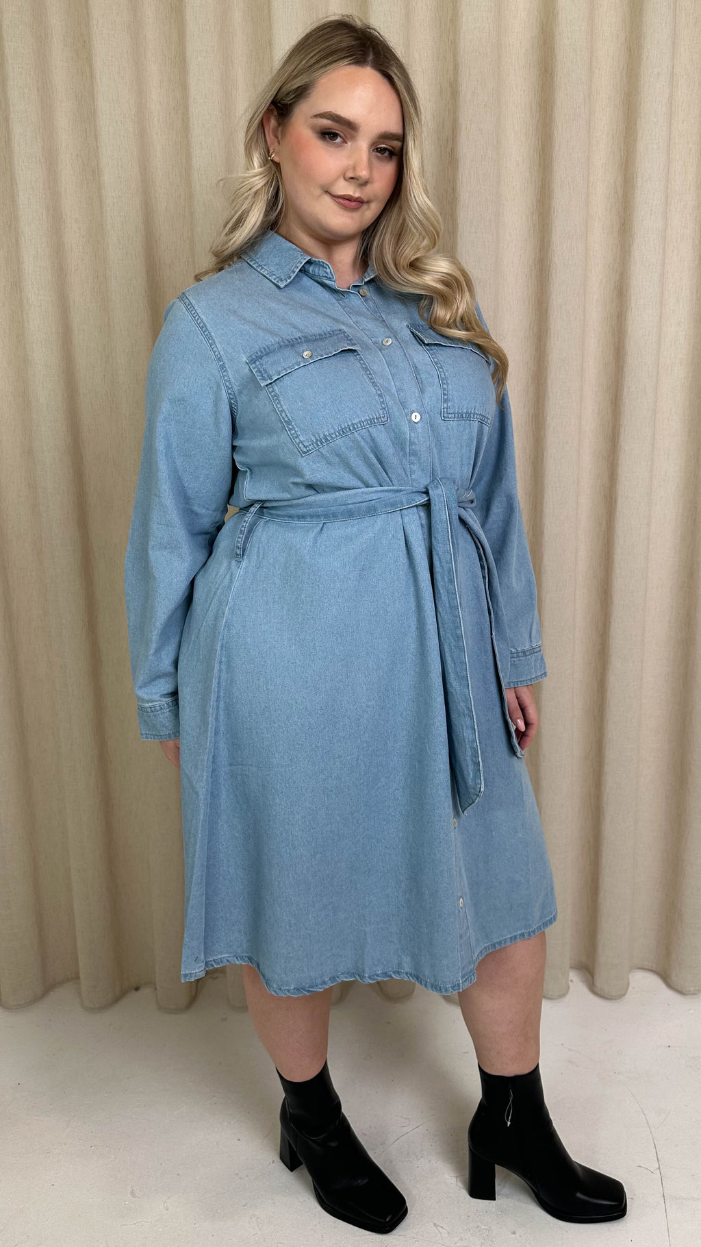 CurveWow Denim Belted Oversized Shirt Dress Mid Blue Wash