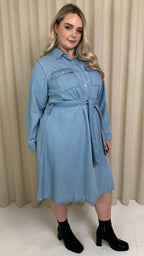 CurveWow Denim Belted Oversized Shirt Dress Mid Blue Wash