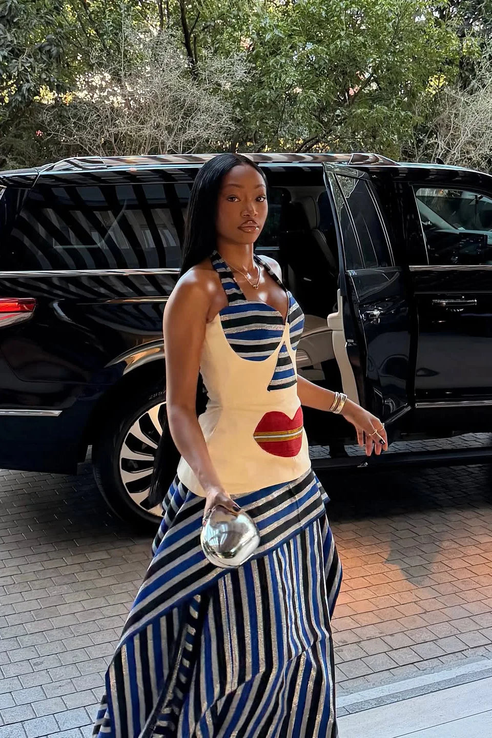 Asymmetric Striped High-Low Maxi Skirt