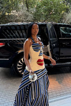 Green Striped Asymmetric High-Low Skirt