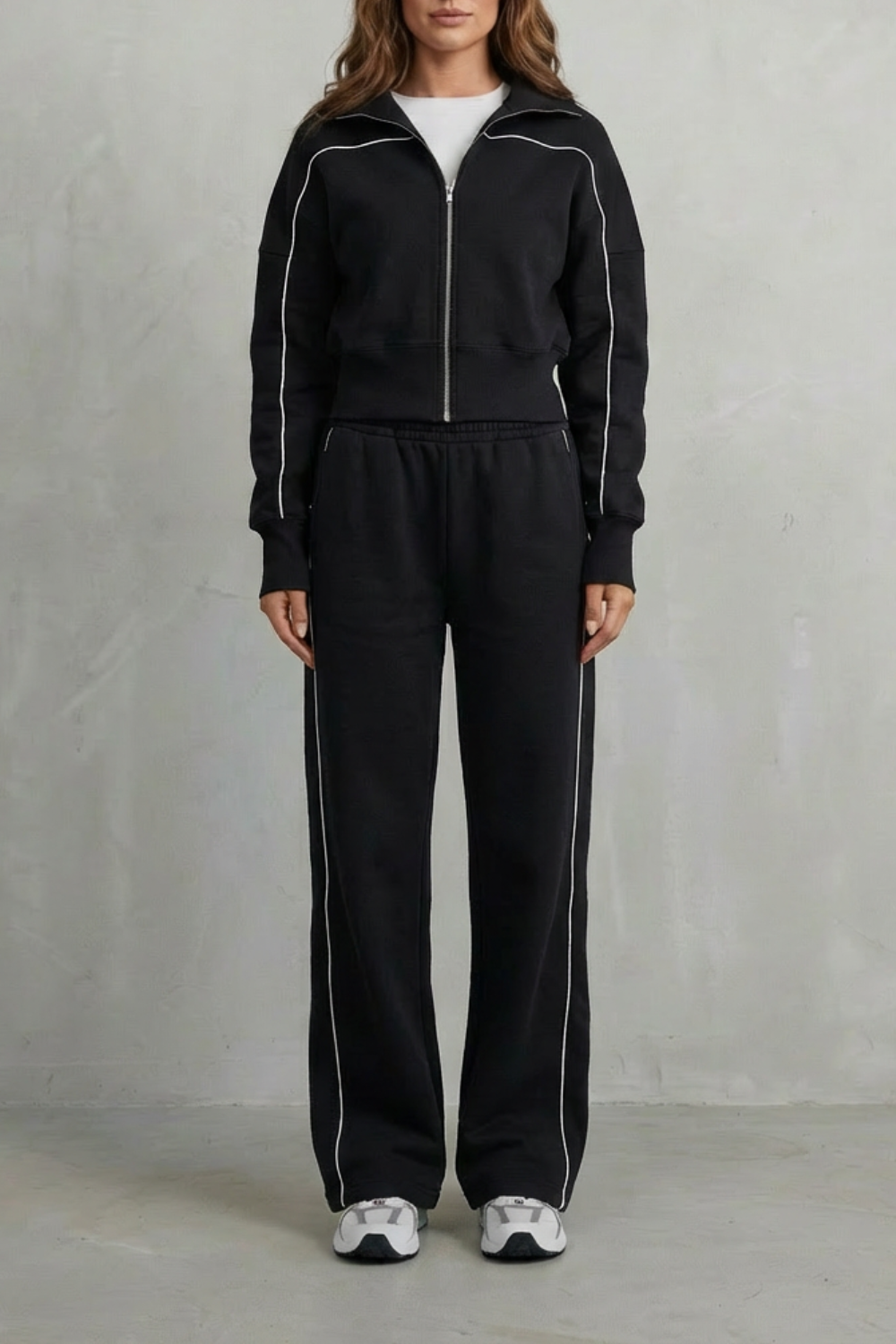 Savina – Urban Edge Piped Zip Jacket & Wide-Leg Pants Set