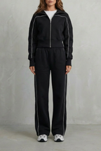 Savina – Urban Edge Piped Zip Jacket & Wide-Leg Pants Set