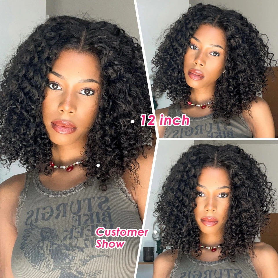 QVR Deep Curly Short Bob Wigs T lace 4x4 Lace Closure Human Hair Wigs