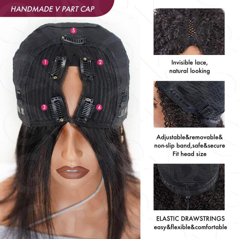 QVR Twist Curly V Part Wigs No Leave Out Human Hair Wig Beginner Friendly