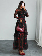 Women's Gothic Elegant Sexy Mesh Splicing Colorful Print Retro Petal Sleeves Ruffle Mermaid Hem Double Layer Dress