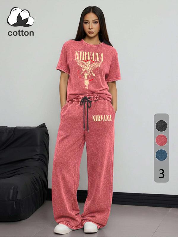 Women's Rock Style "NIRVANA" Graphic Print Cotton Co-ord Set, Vintage Distressed Short Sleeve T-shirt and Trousers Two-piece Set Outfit, Casual Round Neck T-shirt and Elastic Trousers, Summer Everyday Wear