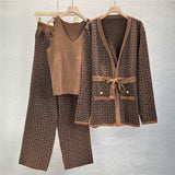 V-neck retro cardigan and trousers three-piece set