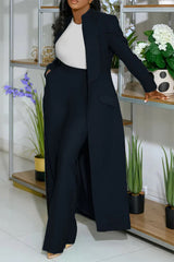Turndown Collar Solid Color Long Blazer High Waist Pants 2pcs Set-Green