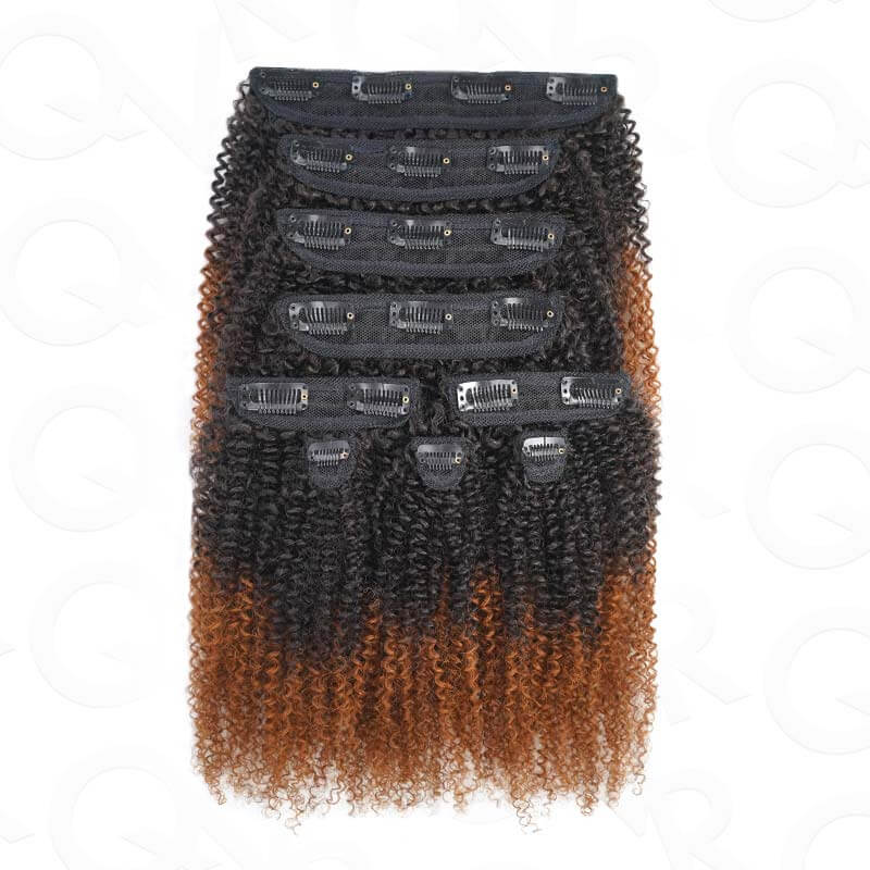 QVR Ombre Brown 9PCS Weft Clip In Hair Extensions Volumizer #T1B/30 Afro Kinky Curly Clip In Human Hair
