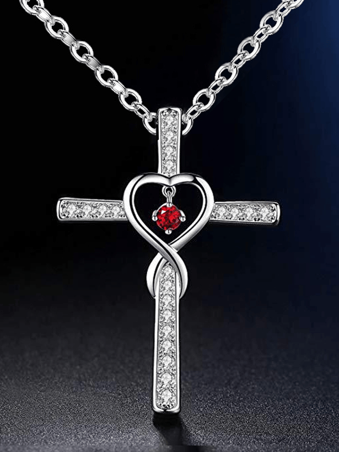 Women's Cross Encrusted Zircon Pendant Love Shaped Birthstone Necklace