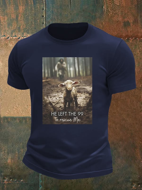 Men's  He Left the 99 to Rescue Me, Jesus and Lost Sheep, Christian T-shirt
