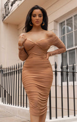 Ruched Bardot Long Sleeve Bodycon Mini Dress