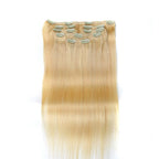 QVR Blonde Straight 7Pcs Clip in Hair Extensions Highlight #P27/613 Color Virgin Human Hair