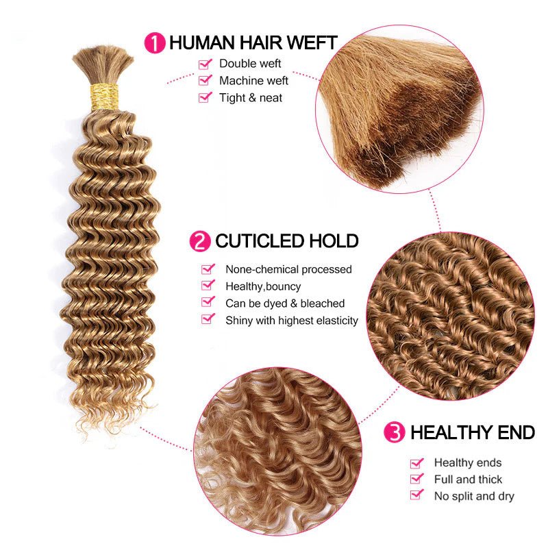QVR Braiding Hair #27 Honey Blonde Deep Wave Bulk Human Hair for Boho Braids