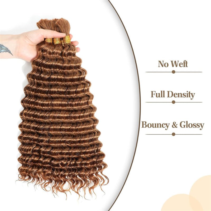 QVR Braiding Hair for Boho Braids #30 Light Brown Deep Wave Bulk Human Hair Extensions