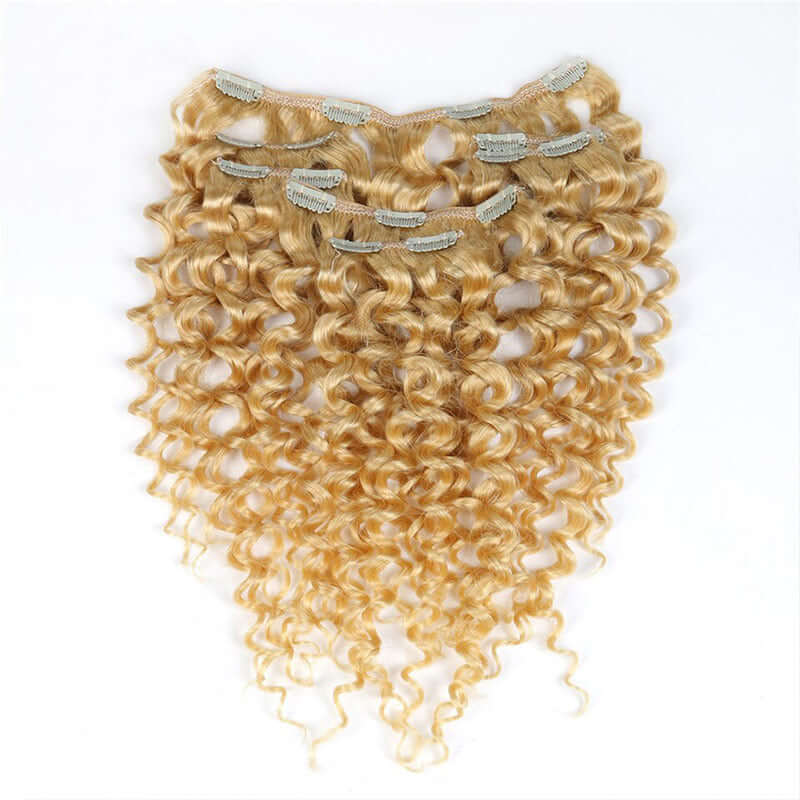 QVR #613 Hair 7Pcs Clip in Hair Extension Brazilian Jerry Curly Blonde Color Virgin Human Hair
