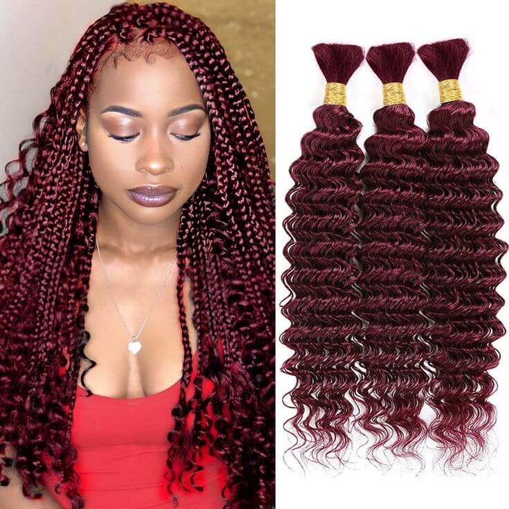QVR Burgundy Deep Wave Bulk Hair Extensions for Boho Knotless Braiding