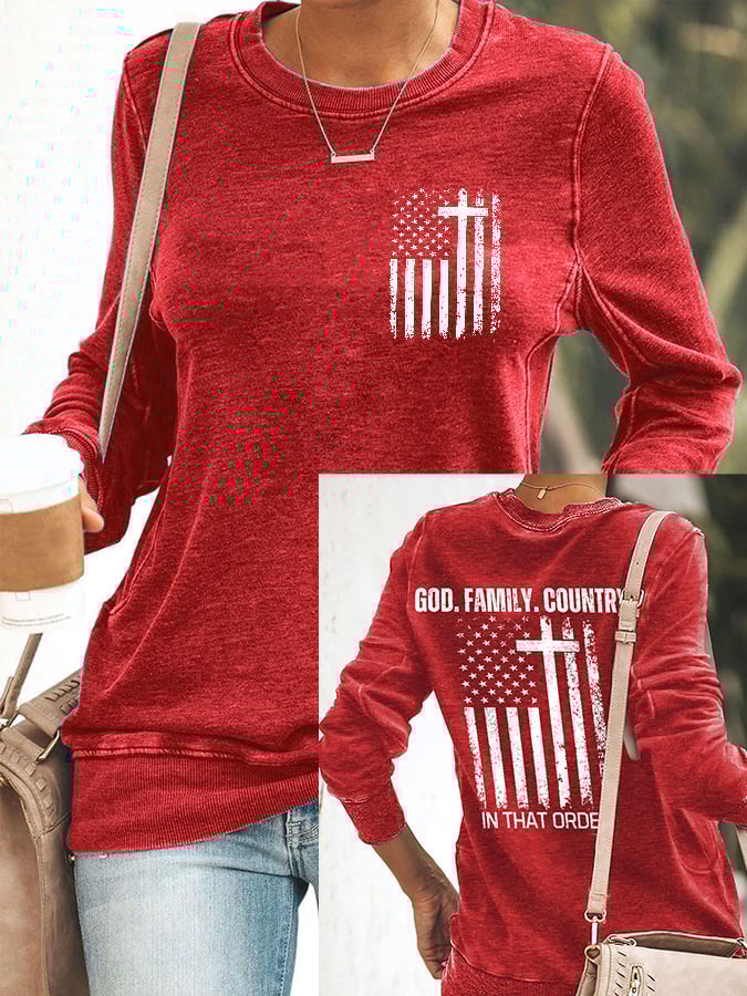 Women's God Family Country In That Order Print Round Neck Sweatshirt