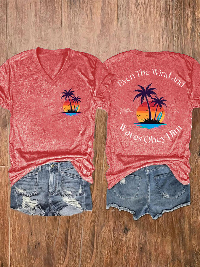 Women's Casual Western Christian Faith Bible Verse Double-Sided Printed V-Neck Short Sleeve T-Shirt