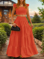 Women's Solid Color / Floral Print Shirred Top & Long Skirt Two-piece Set, Boho Fashion Casual Top & Skirt for Daily Holiday Vacation Wear, Ladies for Summer