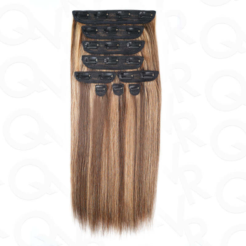 QVR Highlight #P4/30 9PCS Weft Clip In Hair Extensions Volumizer #P4/27 Straight Clip In Human Hair