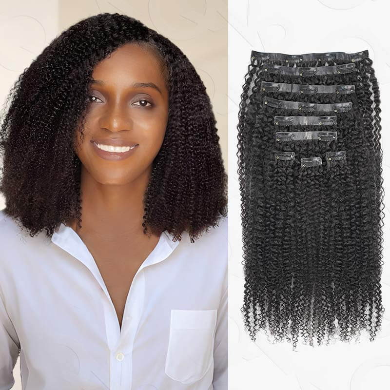 QVR Invisible 9PCS Weft Clip In Hair Extensions 5PCS Volumizer Afro Kinky Curly PU Clip In Human Hair