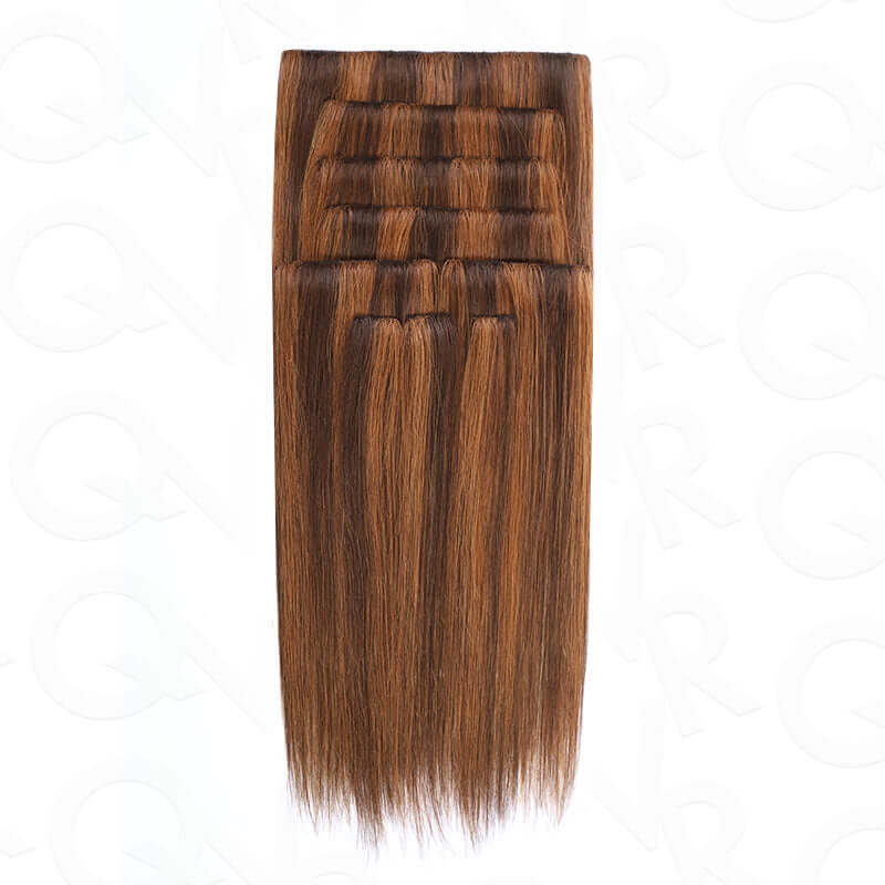 QVR Highlight #P4/30 9PCS Weft Clip In Hair Extensions Volumizer #P4/27 Straight Clip In Human Hair