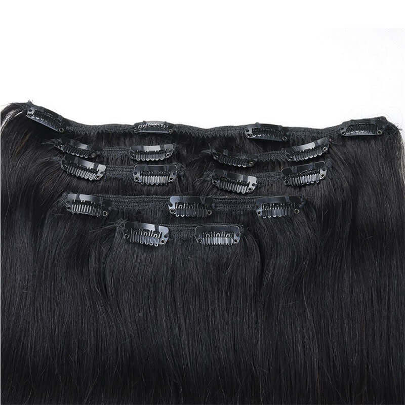 QVR Straight 7Pcs Clip in Virgin Human Hair Extensions Brazilian Natural Black Color Hair