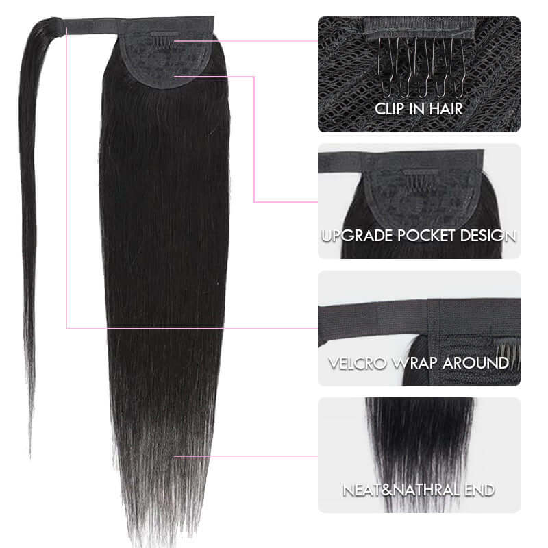 QVR Straight Ponytail Extension Human Hair Wrap Around Natural Black Clip In Ponytail Hair