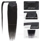 QVR Straight Ponytail Extension Human Hair Wrap Around Natural Black Clip In Ponytail Hair