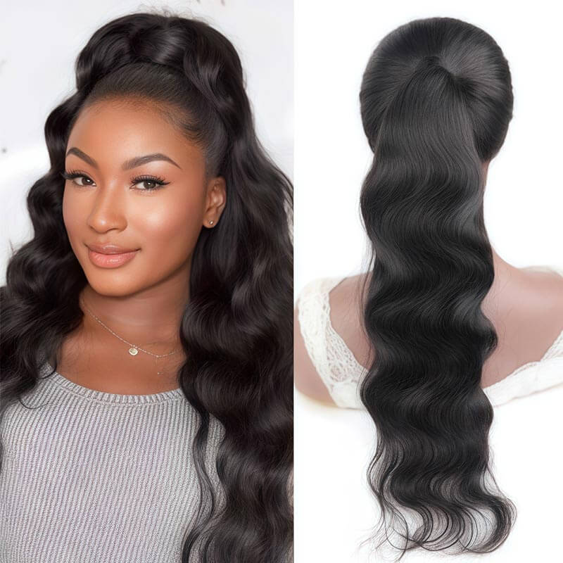 QVR Body Wave Ponytail Extension Human Hair Wrap Around Natural Black Clip In Ponytail Hair