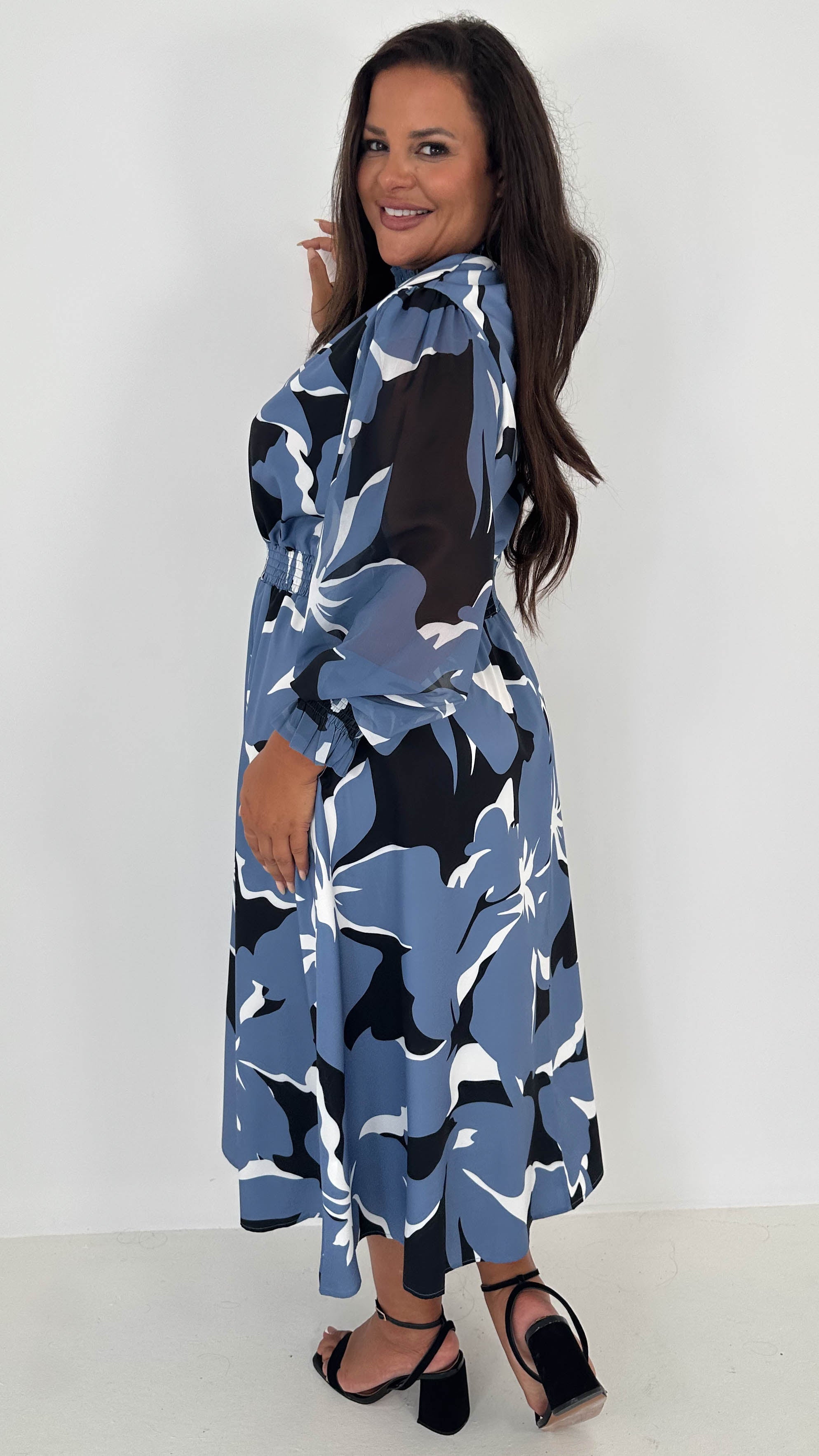 CurveWow High Neck Midaxi Dress Blue Floral