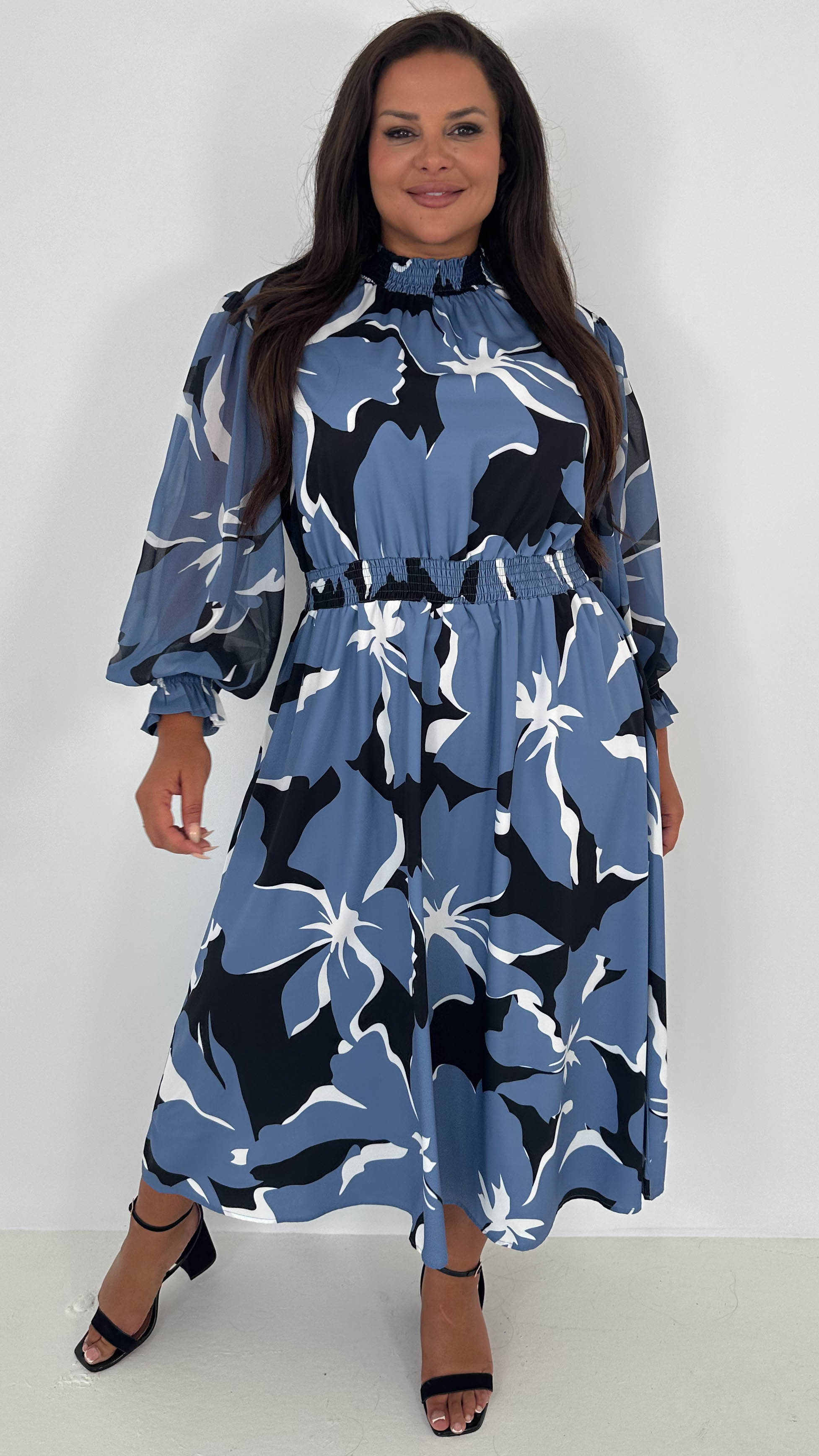CurveWow High Neck Midaxi Dress Blue Floral