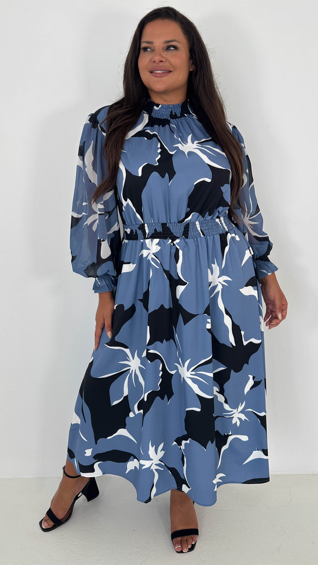 CurveWow High Neck Midaxi Dress Blue Floral