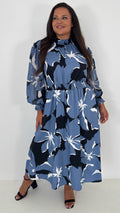 CurveWow High Neck Midaxi Dress Blue Floral