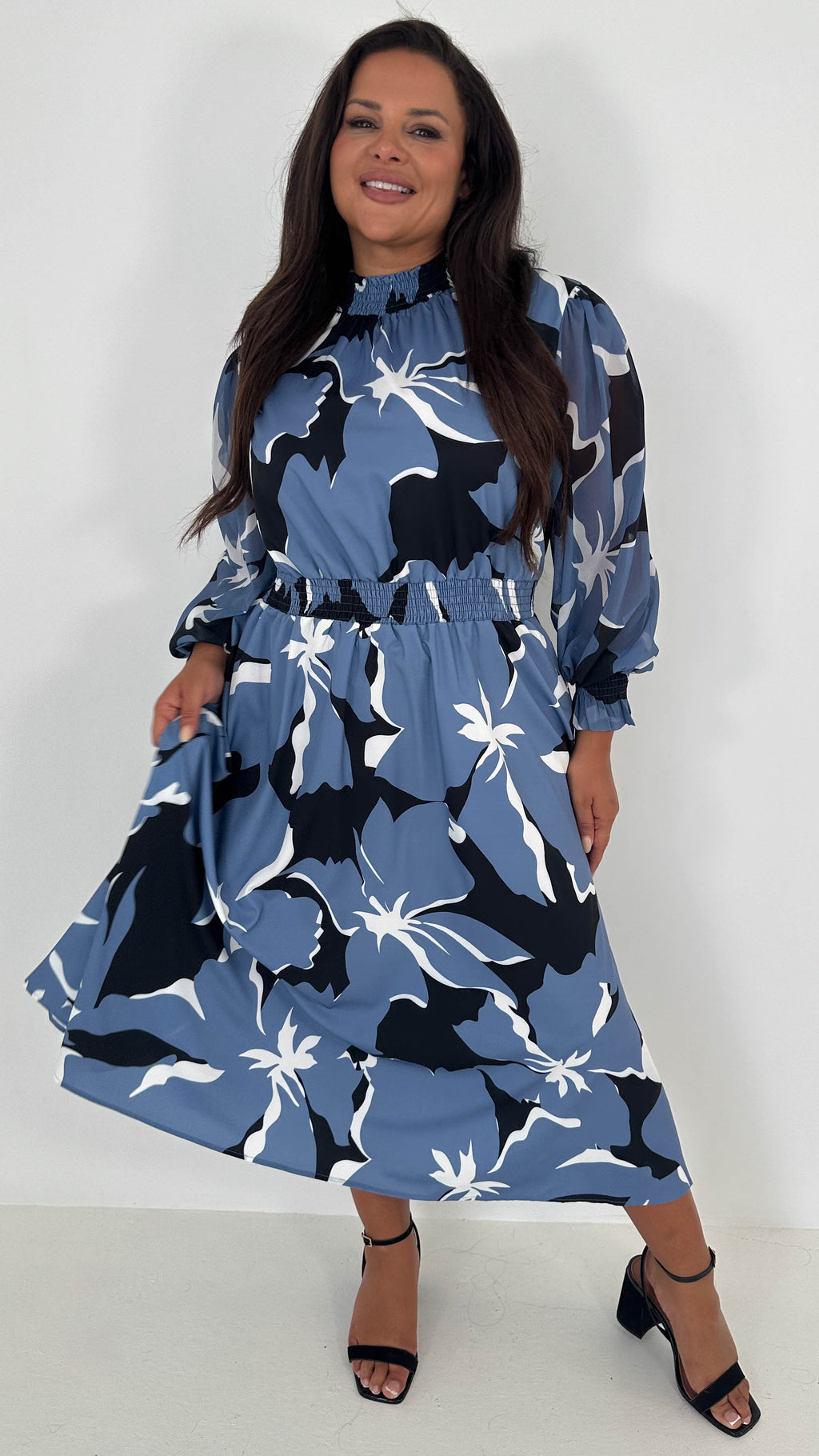 CurveWow High Neck Midaxi Dress Blue Floral