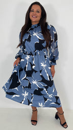 CurveWow High Neck Midaxi Dress Blue Floral