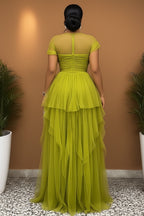 Short Sleeve Cinch Waist High Slit Tulle Gowns Maxi Dresses